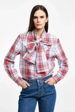 Camicia a quadri maniche lunghe con fiocco