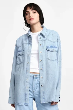 Camicia di jeans con strass e tasche