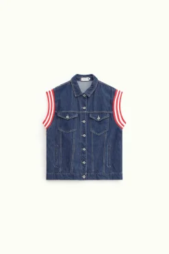Gilet in denim con bottoni e maniche a righe