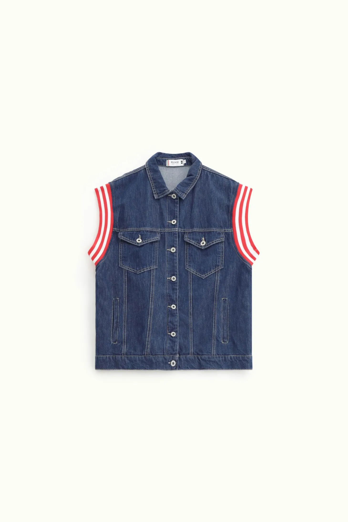 Gilet in denim con bottoni e maniche a righe