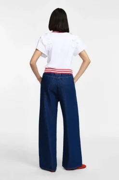 Jeans a gamba larga con elastico a righe