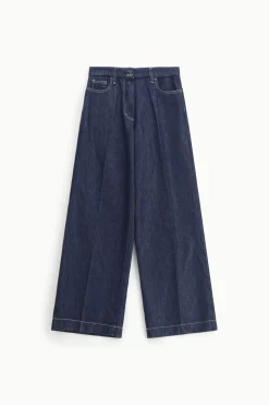 Jeans a gamba larga con vita alta e piega