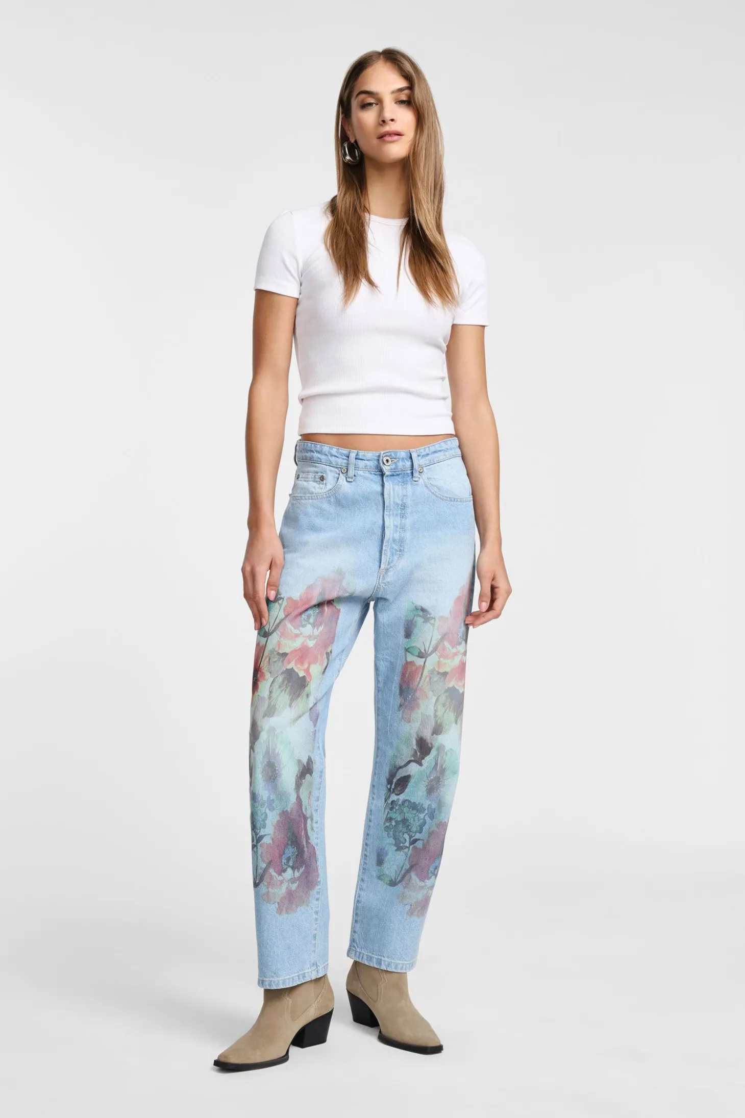 Jeans dritti a stampa floreale