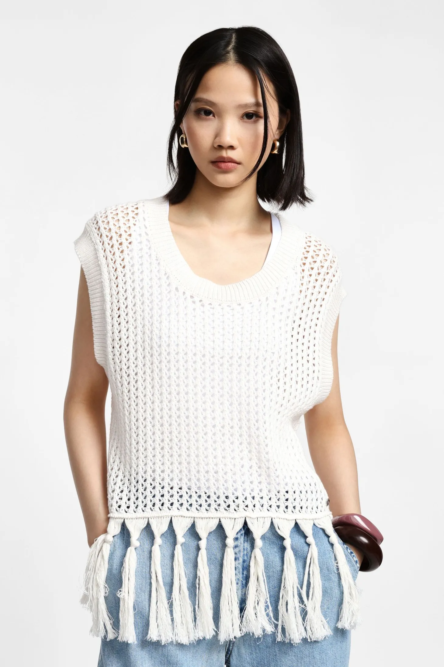 Maglia senza maniche con frange