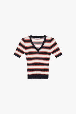 Maglione a righe con scollo a v e maniche corte