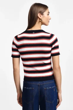 Maglione a righe con scollo a v e maniche corte