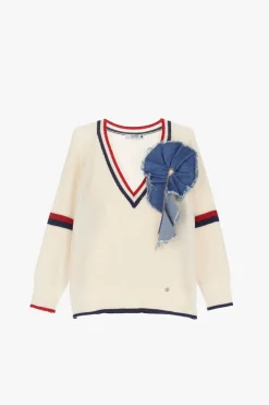 Maglione scollo a V e fiore in denim