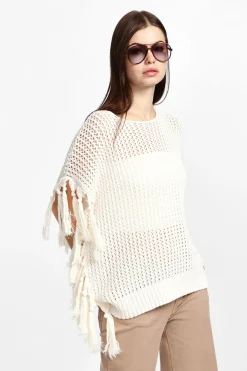 Maglione traforato senza maniche con frange
