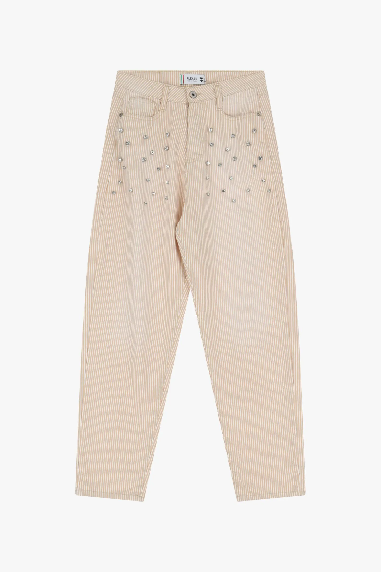 Pantaloni dritti con righe e dettagli strass