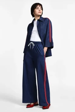 Pantaloni palazzo chambray con righe laterali e coulisse
