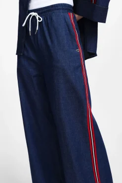 Pantaloni palazzo chambray con righe laterali e coulisse