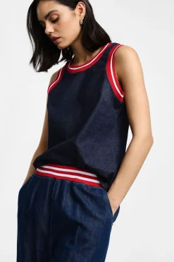 Top chambray senza maniche con righe