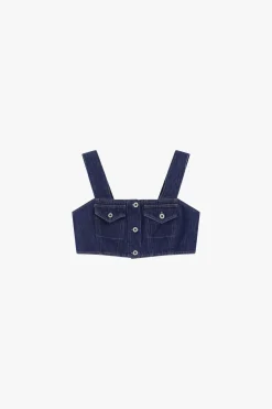 Top in denim con tasche e spalline larghe