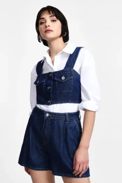 Top in denim con tasche e spalline larghe