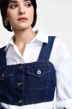 Top in denim con tasche e spalline larghe
