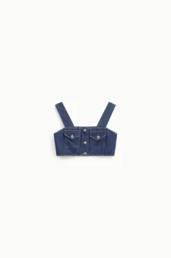 Top in denim con tasche e spalline larghe