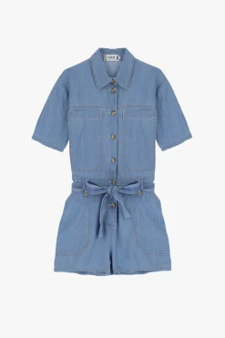 Tuta corta in denim con bottoni e cintura
