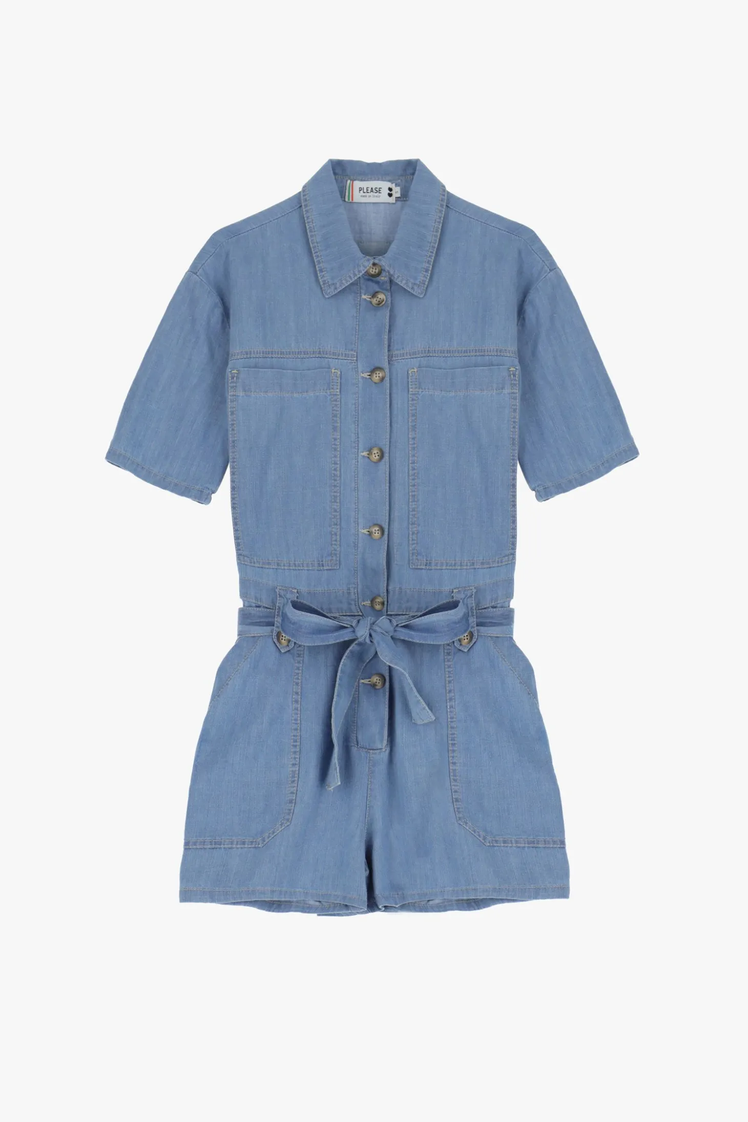 Tuta corta in denim con bottoni e cintura