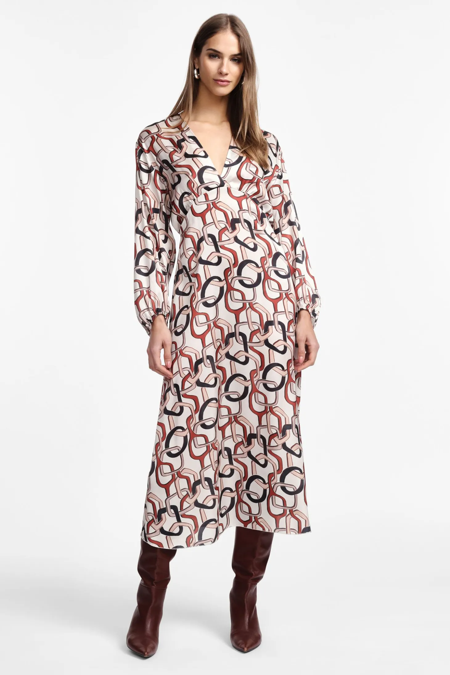Vestito midi con stampa e maniche lunghe